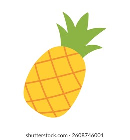 A cartoon pineapple with a green top. The pineapple is yellow and has a green top. It is a cartoon drawing of a pineapple