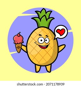 Cartoon pineapple mascot holding ice cream cone cute style design for t-shirt, sticker, logo element