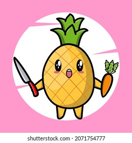 Cartoon pineapple mascot holding knife and carrot in cute style for t-shirt, sticker, logo element