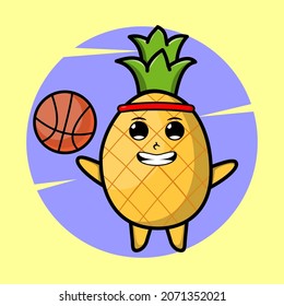 Cartoon pineapple mascot playing basketball and cute stylish design for t-shirt, sticker, logo elements
