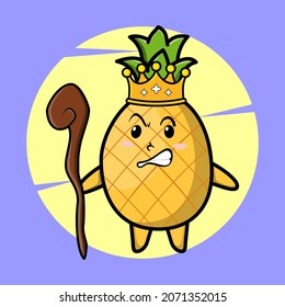 Cartoon pineapple mascot as wise king with golden crown and wooden stick cute style design for t-shirt, sticker, logo element
