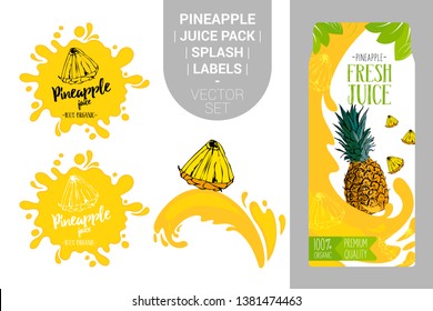 Cartoon Pineapple On Juice Splash. Fresh Pineapple Juice Pack With Organic Labels Tags And Green Leaves. Colorful Tropical Stickers. Juicy Ananas Fruit Badges With Splash. Fruit Vector Package Set