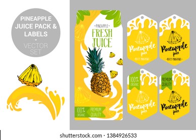 cartoon pineapple on juice splash. pineapple juice pack and organic fruit labels tags. Colorful tropical stickers. Juicy exotic fruit badges with splashes. Fruit vector package set for web and print.