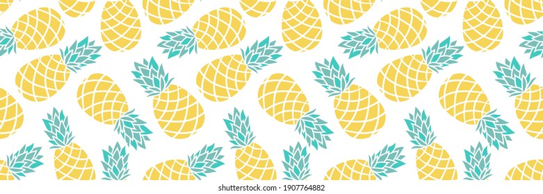 Cartoon pineapple on a white background, horizontal seamless pattern