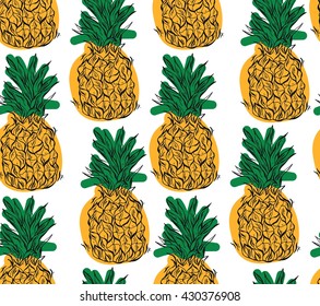 Cartoon pineapple on a white background. Simple vector background. Cute summer pattern. Seamless textile illustration in vintage style.Vector tropical bright summer illustration of fruit pineapple.