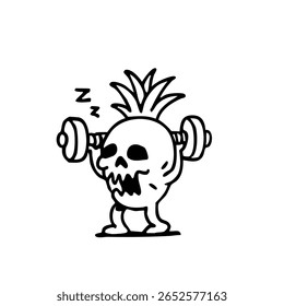 Um personagem de crânio de abacaxi de desenho animado com uma expressão sonolenta está levantando pesos