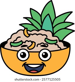 A cartoon pineapple is smiling and eating food