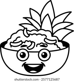 A cartoon pineapple is smiling and eating food