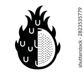 A cartoon pineapple split in half with one side on fire and flames around it