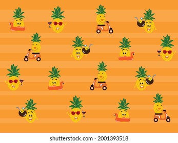 Cartoon Pineapple Summer Fruits Pattern illustration.  Summer Vibes Graphics, Tropical, Sun and Fun, Enjoy
