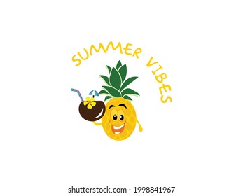 Cartoon Pineapple Summer fruits Vector illustration. Summer vibes, typography, t-shirt graphics, Tropical,, sun and fun, Enjoy