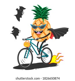 Piña de caricatura con gafas de sol y paseos en bicicleta con cesta de Halloween, eps de imágenes vectoriales