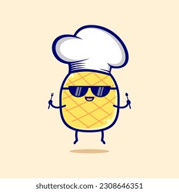 A cartoon pineapple wearing a chef hat and sunglasses, logo design vector illustration