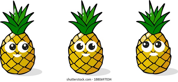 Cartoon pineapples set, vector illustration, kawaii