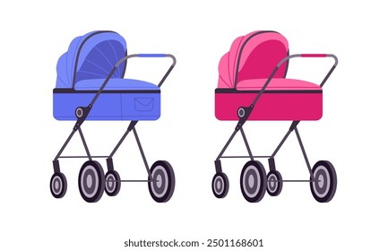 Cartoon pink and blue baby strollers. Newborn children pushchairs color for boy and girl flat vector illustration set. Pink and blue strollers for baby boy and girl