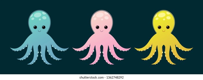 Cartoon pink, blue and yellow octopuses. Vector illustration in cartoon style for summer sea theme.