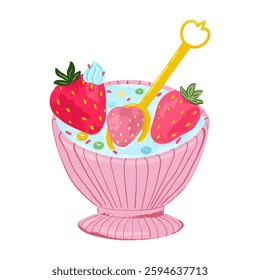 Cartoon pink bowl of cereal with milk and strawberries for breakfast. Health food. Hand drawn Vector illustration on a white background.