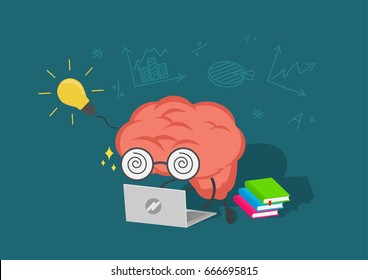 Cartoon pink brain is learning knowledge from white laptop with yellow light bulb, Online study and training concept.