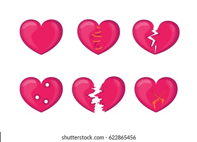 Cartoon Pink Broken Hearts Icons Set Symbol of Sadness and Pain for Web. Vector illustration