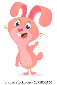 Cartoon Pink Bunny Rabbit waving hand. Vector illustration. Isolated