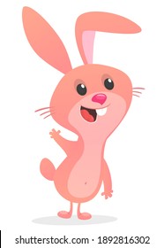 Cartoon Pink Bunny Rabbit waving hand. Vector illustration. Isolated