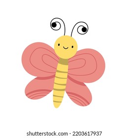 Cartoon pink butterfly with heart on wings. Cute smiling character for childish design. Flat vector illustration isolated on a white background. EPS