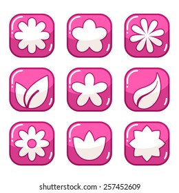 Cartoon pink button set with flower icons