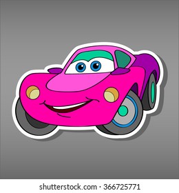 Cartoon pink car sticker for girls.Vector illustration for scrapbook.Transportation Applique Background. Funny smile pink car in paper cut style. Comic character for textile. Car on Valentine's Day.