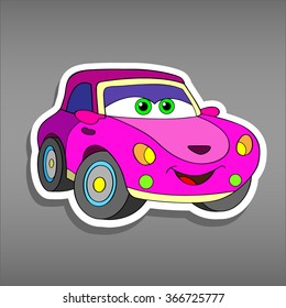 Cartoon pink car sticker for girls.Vector illustration for scrapbook.Transportation Applique Background. Funny smile pink car in paper cut style. Comic character for textile. Car on Valentine's Day.