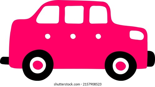 Cartoon pink car. Transport for girls and boy. Hand drawn vehicle side view. Element of book city landscape. Childish road icon. Baby travel symbol. Kindergarten decor. Cute color picture for nursery.