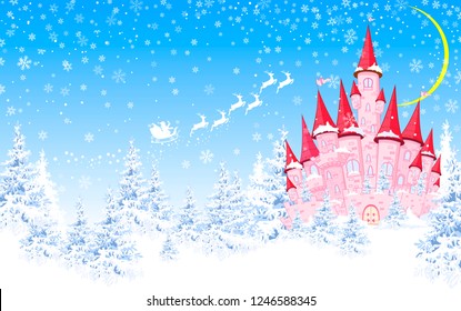 Cartoon pink castle on the background of winter snow-covered forest. Winter landscape with a pink castle in the woods, snow, night, moon.                                                    
         