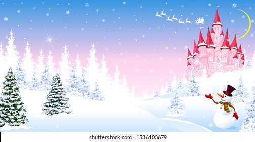 Cartoon pink castle on a background of a winter snowy forest. Winter night landscape with a pink castle. Snowman is greeting. Santa Claus on his sleigh in the sky.