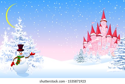 Cartoon pink castle and a snowman on a background of a winter snowy forest. Winter landscape with a pink castle.