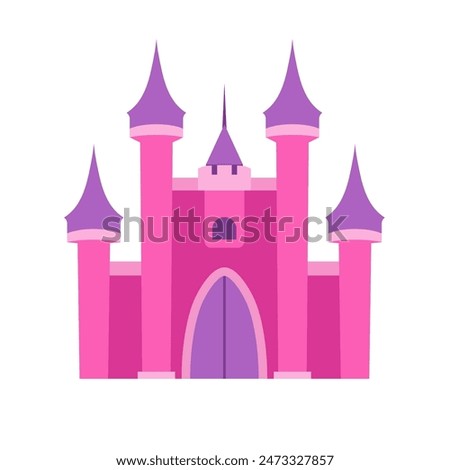 Cartoon pink castle vector illustration, fairy tale castle building for princess