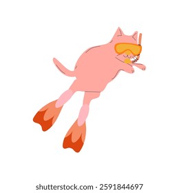 Cartoon pink cat wearing swimming goggles and flippers, ready for a fun underwater adventure in a cute and playful style