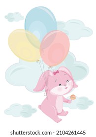 Cartoon Pink Chubby Bunny Flying On Balloons.