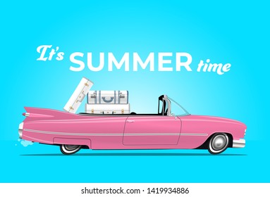 Cartoon pink convertible car with luggage on backseats. Vintage styled vector illustration.