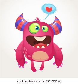 Cartoon pink cool monster in love. St Valentines vector illustration of  loving monster 