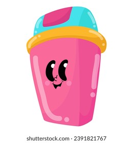 Cartoon pink cup with eyes and a blue lid is a cute and whimsical illustration suitable for children's products, packaging, stationery, and social media graphics.