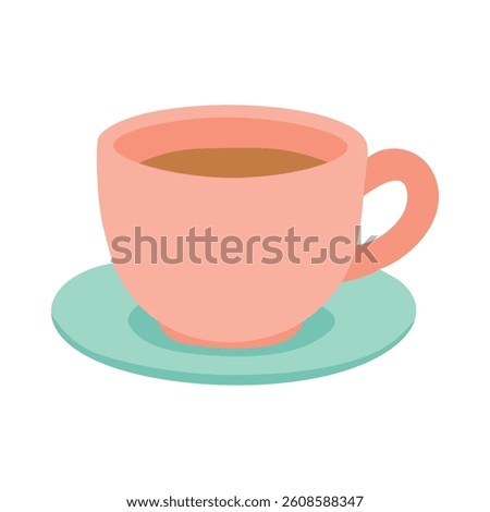Cartoon pink cup with tea on mint saucer. Flat cozy illustration for spring breakfast designs.