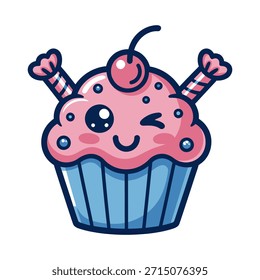 Cupcake rosa de la historieta con la envoltura azul y la cereza en el guiño superior y flexionando los brazos aislados en el fondo blanco