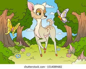 
Cartoon pink cute deer in forest with butterflies on blue sky background