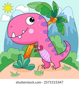 Cartoon pink dinosaur on the background of the landscape. For children's design of prints, posters, cards, stickers, puzzles, etc. Vector illustration