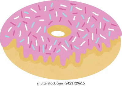 Cartoon pink donut with multi-colored sugar sprinkles, vector illustration.