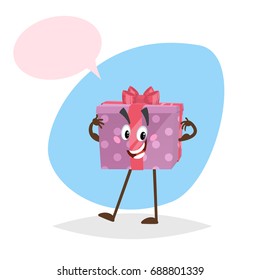 Cartoon pink dotted smiling gift box character with red ribbon and bow. Humanized party symbol with dummy speech bubble isolated on blue background. Vector illustration.