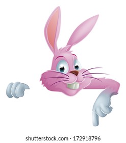 A cartoon pink Easter bunny rabbit on top of a sign pointing down at the message