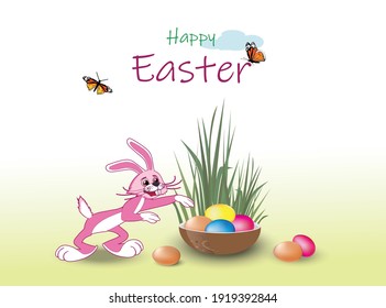 A cartoon pink Easter bunny wants to take colored eggs that
bring it to people. Vector drawing with the wish of Happy Easter. 