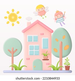 Cartoon Pink Fairy House isolated on white background. 3D Vector illustration