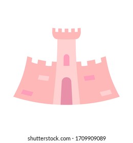 Cartoon pink fairytale castle. Medieval theme vector illustration for icon, stamp, label, certificate, gift card, invitation, coupon or sale banner decoration