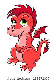 Cartoon pink female dragon on the white background.